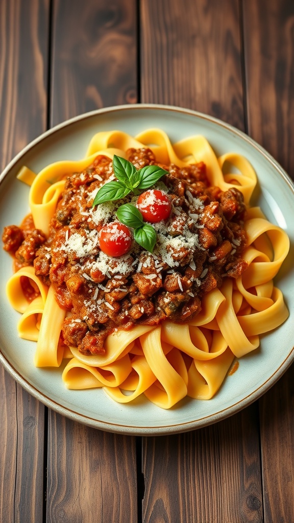 A plate of pappardelle pasta with rich Pork Bolognese sauce, garnished with basil and Parmesan cheese.